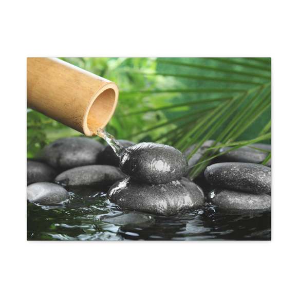 Bamboo Fountain with Stones Forest Floral Nature Photography Canvas Wall Art for